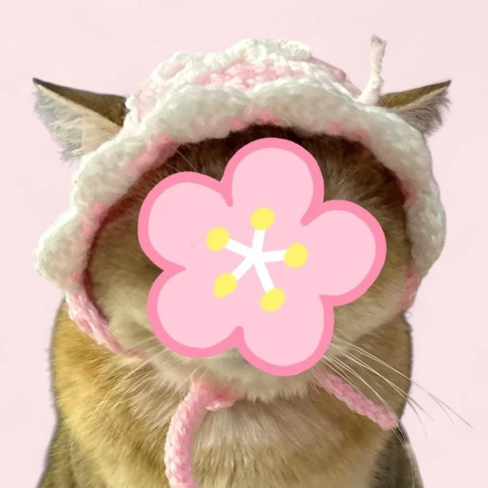 pink and white crochet bow hat for cats